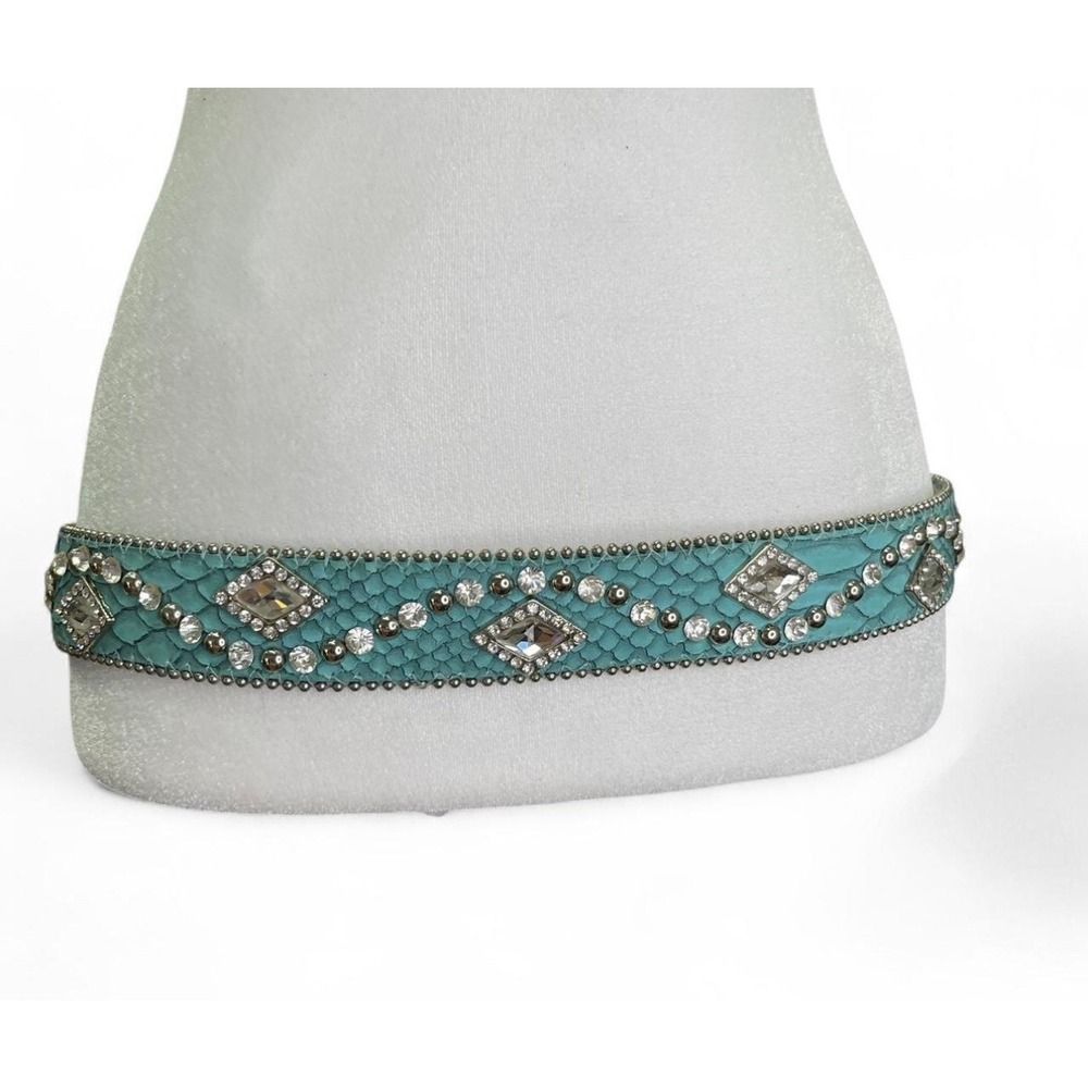 Western Teal Alligator Leather Belt Silver Stud Crystal Rhinestone Conchos Small - Picture 7 of 8